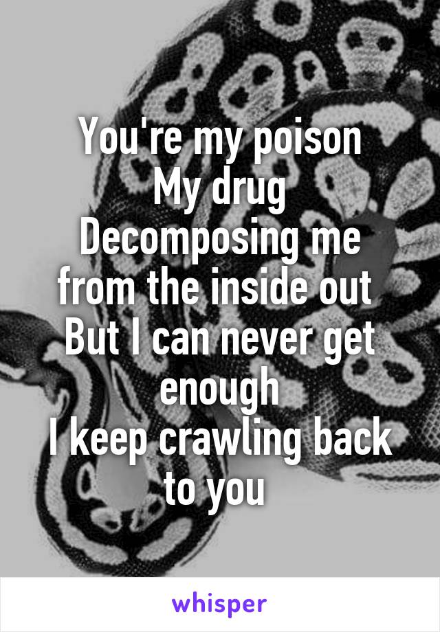 You're my poison
My drug
Decomposing me from the inside out 
But I can never get enough
I keep crawling back to you 