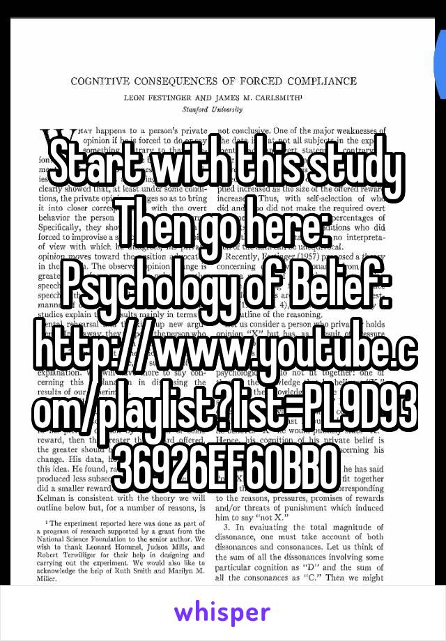 Start with this study Then go here: 
Psychology of Belief: http://www.youtube.com/playlist?list=PL9D9336926EF60BB0