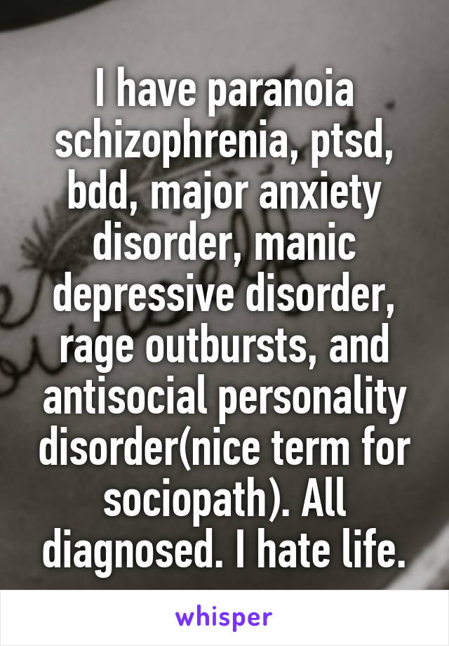 I have paranoia schizophrenia, ptsd, bdd, major anxiety disorder, manic depressive disorder, rage outbursts, and antisocial personality disorder(nice term for sociopath). All diagnosed. I hate life.