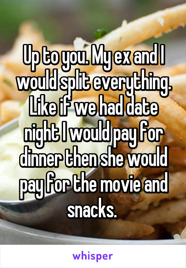 Up to you. My ex and I would split everything. Like if we had date night I would pay for dinner then she would pay for the movie and snacks. 