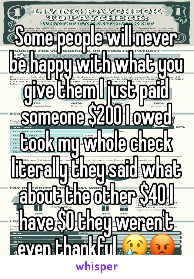 Some people will never be happy with what you give them I just paid someone $200 I owed took my whole check literally they said what about the other $40 I have $0 they weren't even thankful 😢😡