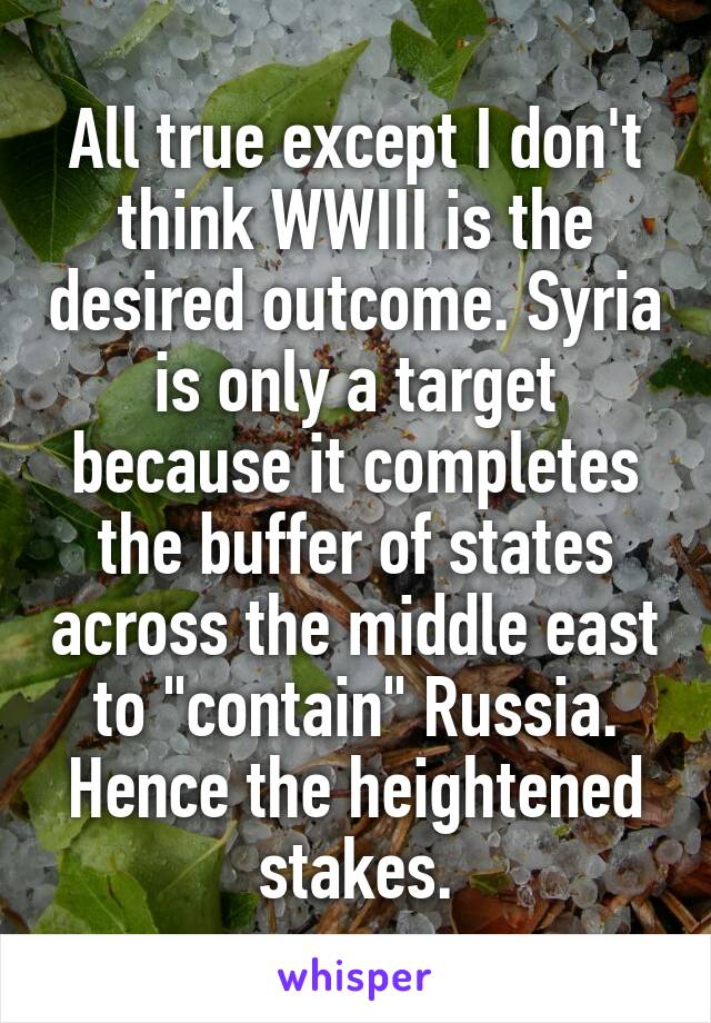 All true except I don't think WWIII is the desired outcome. Syria is only a target because it completes the buffer of states across the middle east to "contain" Russia. Hence the heightened stakes.