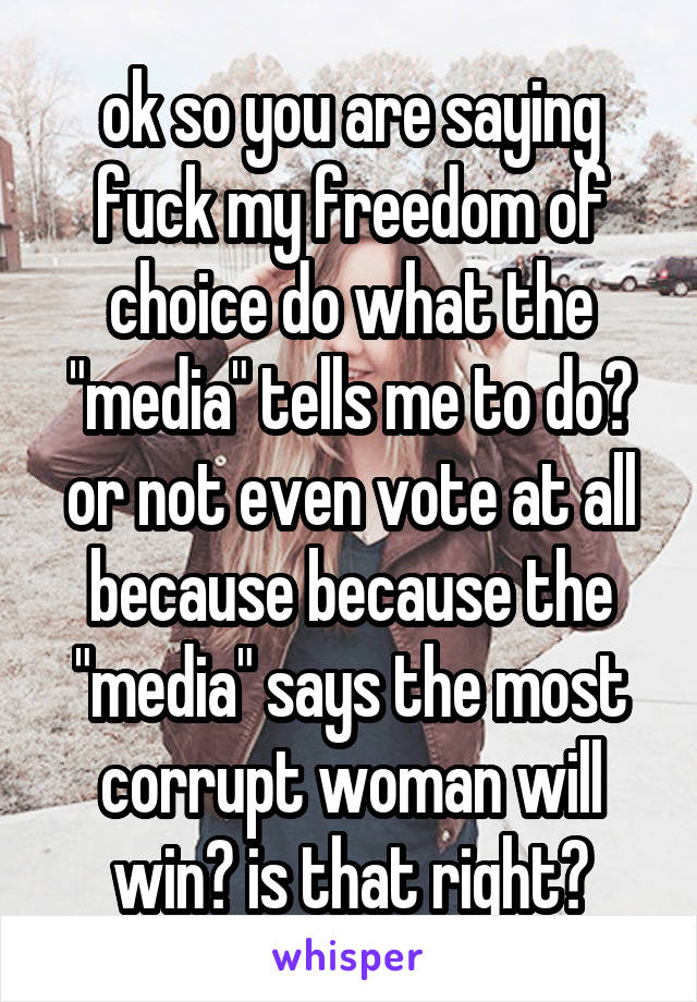 ok so you are saying fuck my freedom of choice do what the "media" tells me to do? or not even vote at all because because the "media" says the most corrupt woman will win? is that right?
