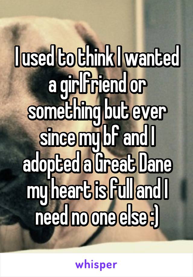 I used to think I wanted a girlfriend or something but ever since my bf and I adopted a Great Dane my heart is full and I need no one else :)