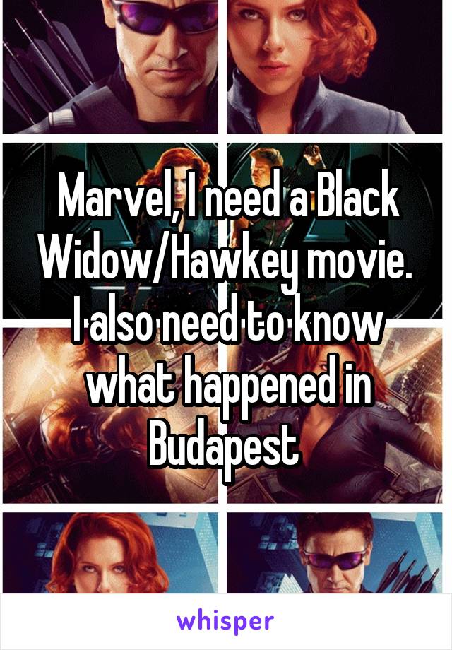 Marvel, I need a Black Widow/Hawkey movie. 
I also need to know what happened in Budapest 