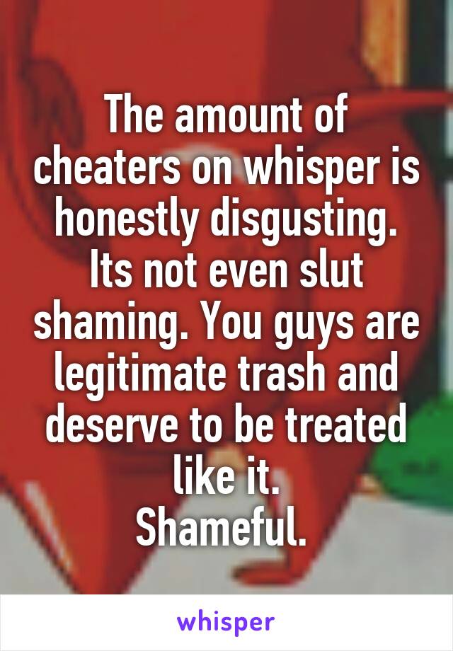 The amount of cheaters on whisper is honestly disgusting.
Its not even slut shaming. You guys are legitimate trash and deserve to be treated like it.
Shameful. 