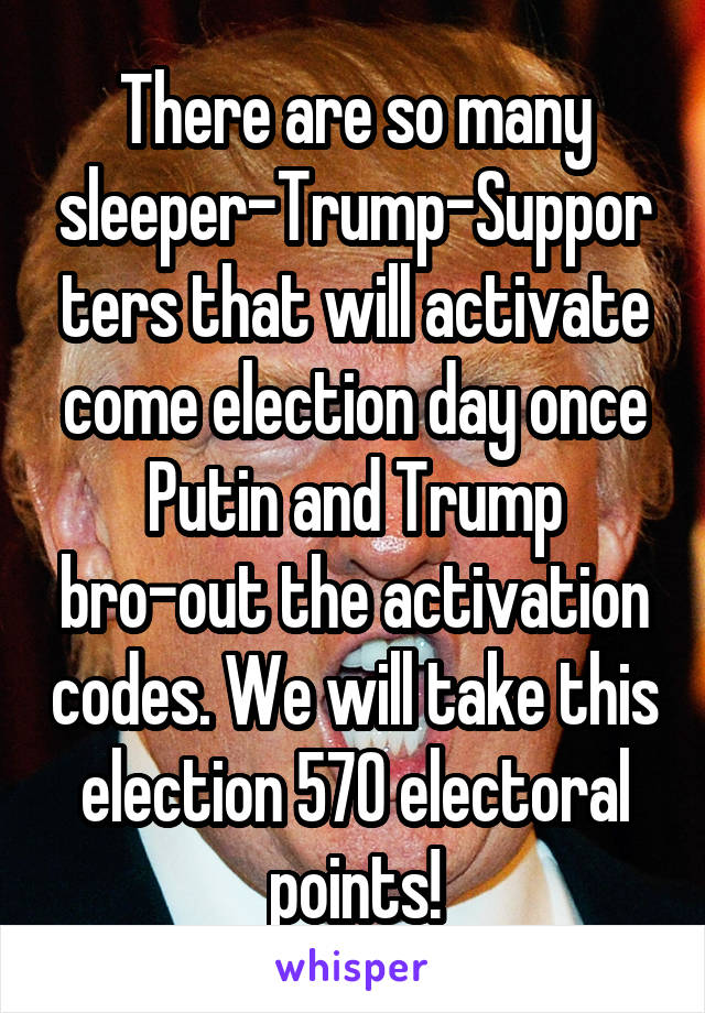 There are so many sleeper-Trump-Supporters that will activate come election day once Putin and Trump bro-out the activation codes. We will take this election 570 electoral points!