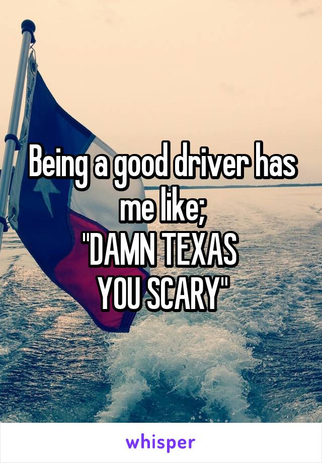 Being a good driver has me like;
"DAMN TEXAS 
YOU SCARY"