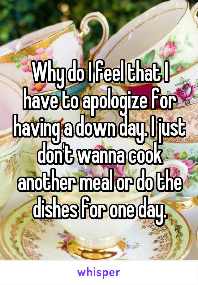 Why do I feel that I have to apologize for having a down day. I just don't wanna cook another meal or do the dishes for one day.