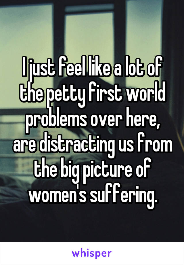I just feel like a lot of the petty first world problems over here, are distracting us from the big picture of women's suffering.