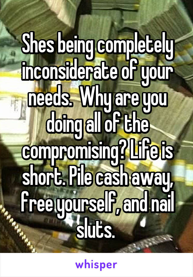 Shes being completely inconsiderate of your needs.  Why are you doing all of the compromising? Life is short. Pile cash away, free yourself, and nail sluts. 