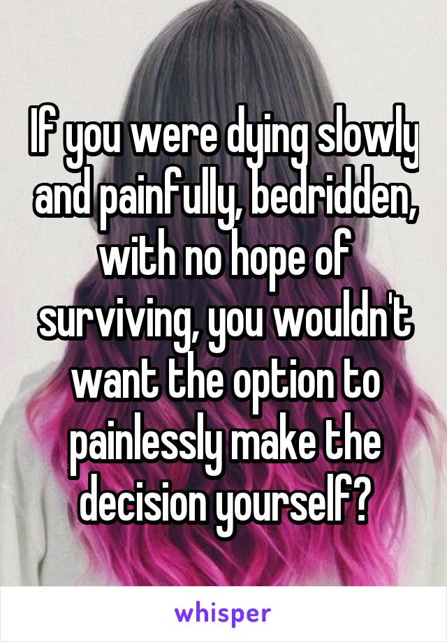 If you were dying slowly and painfully, bedridden, with no hope of surviving, you wouldn't want the option to painlessly make the decision yourself?