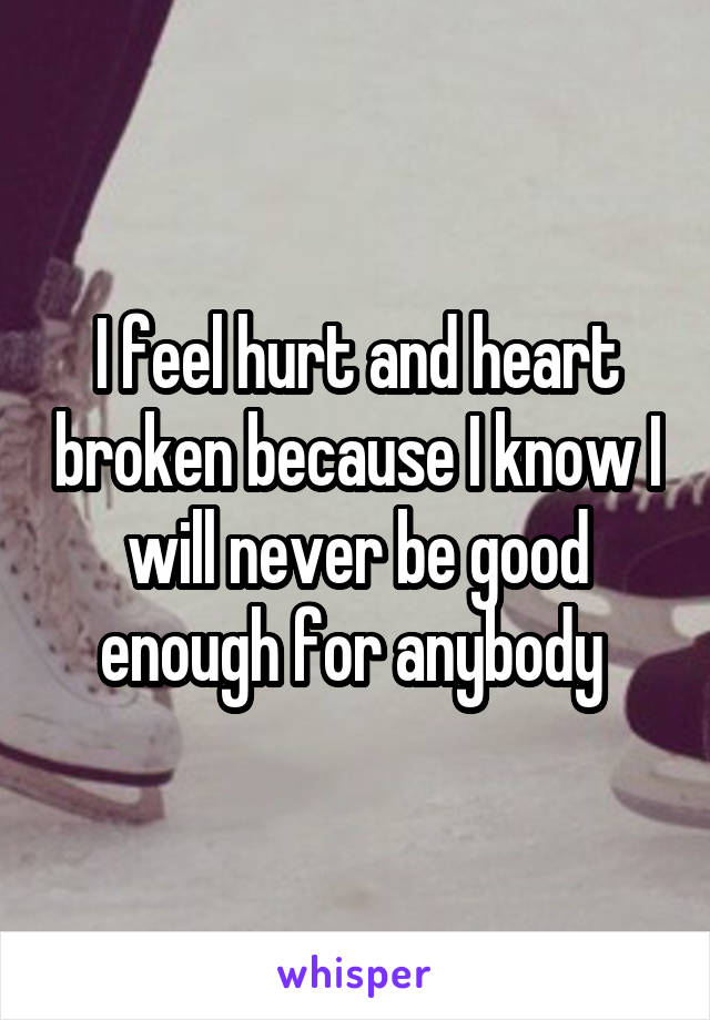 I feel hurt and heart broken because I know I will never be good enough for anybody 