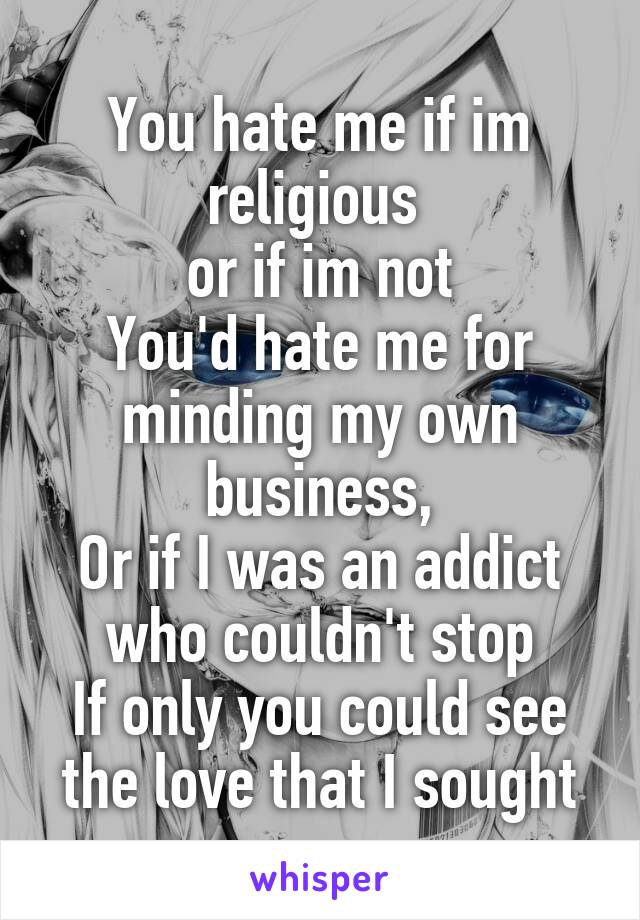 You hate me if im religious 
or if im not
You'd hate me for minding my own business,
Or if I was an addict who couldn't stop
If only you could see the love that I sought