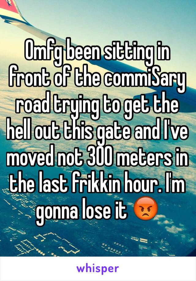 Omfg been sitting in front of the commiSary road trying to get the hell out this gate and I've moved not 300 meters in the last frikkin hour. I'm gonna lose it 😡