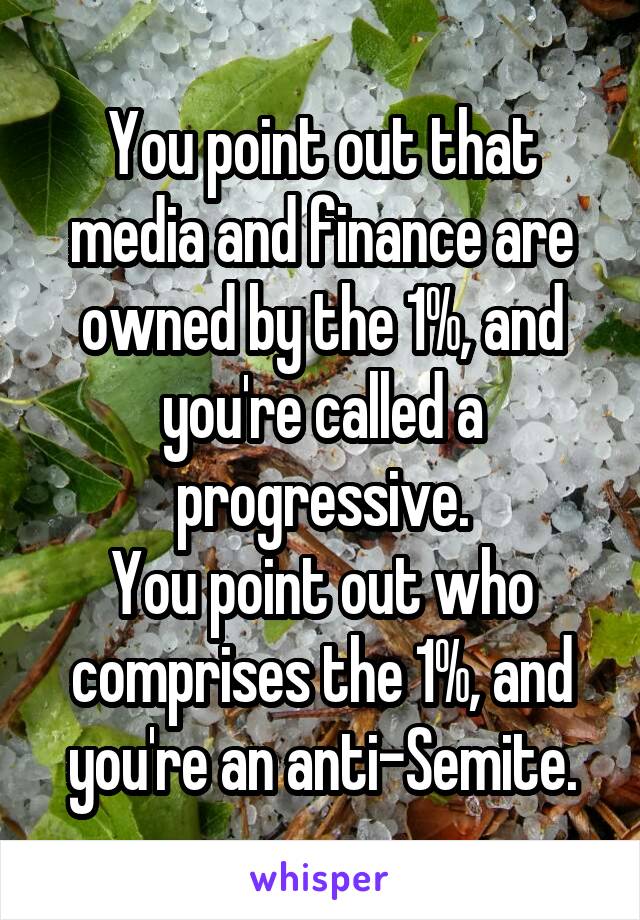 You point out that media and finance are owned by the 1%, and you're called a progressive.
You point out who comprises the 1%, and you're an anti-Semite.