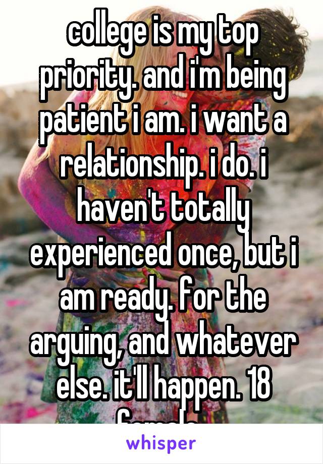 college is my top priority. and i'm being patient i am. i want a relationship. i do. i haven't totally experienced once, but i am ready. for the arguing, and whatever else. it'll happen. 18 female. 