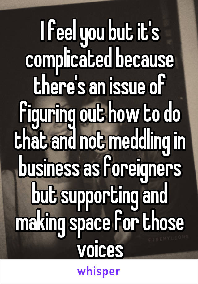 I feel you but it's complicated because there's an issue of figuring out how to do that and not meddling in business as foreigners but supporting and making space for those voices