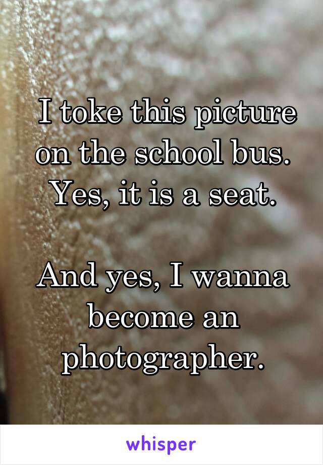  I toke this picture on the school bus.
Yes, it is a seat.

And yes, I wanna become an photographer.