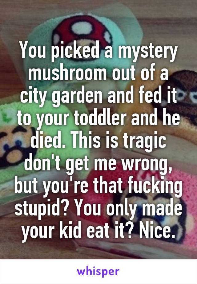 You picked a mystery mushroom out of a city garden and fed it to your toddler and he died. This is tragic don't get me wrong, but you're that fucking stupid? You only made your kid eat it? Nice.