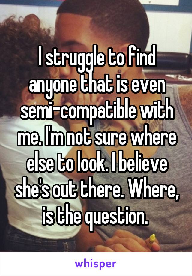I struggle to find anyone that is even semi-compatible with me. I'm not sure where else to look. I believe she's out there. Where, is the question. 