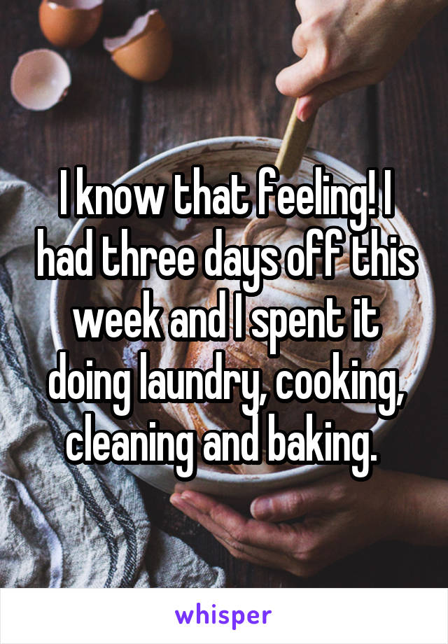I know that feeling! I had three days off this week and I spent it doing laundry, cooking, cleaning and baking. 