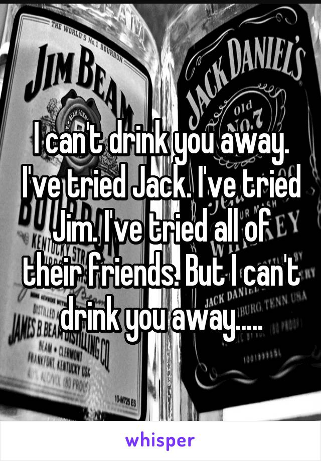 I can't drink you away. I've tried Jack. I've tried Jim. I've tried all of their friends. But I can't drink you away.....