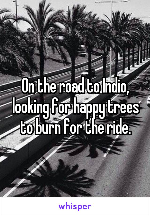 On the road to Indio, looking for happy trees to burn for the ride.