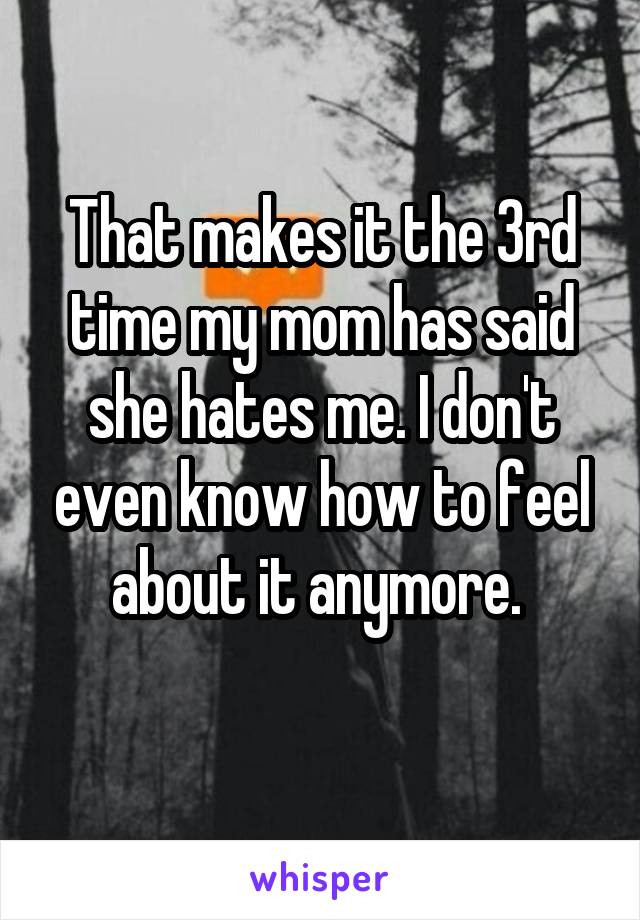 That makes it the 3rd time my mom has said she hates me. I don't even know how to feel about it anymore. 
