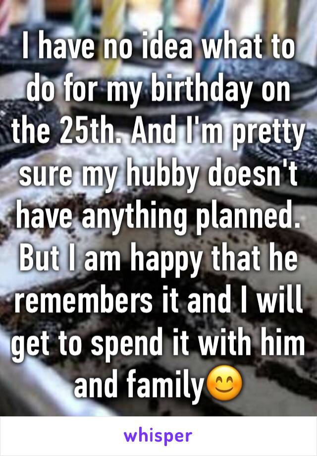 I have no idea what to do for my birthday on the 25th. And I'm pretty sure my hubby doesn't have anything planned. But I am happy that he remembers it and I will get to spend it with him and family😊