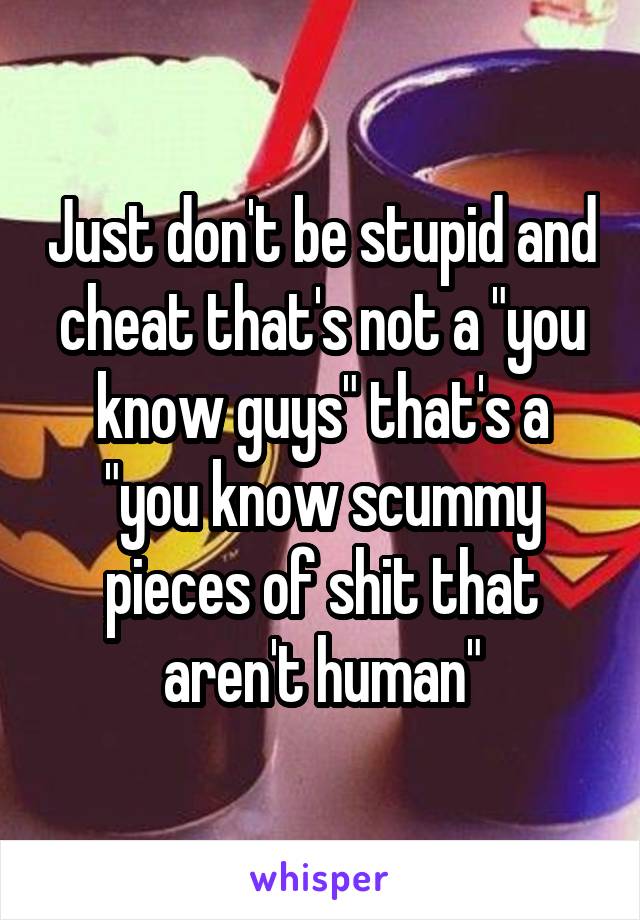 Just don't be stupid and cheat that's not a "you know guys" that's a "you know scummy pieces of shit that aren't human"