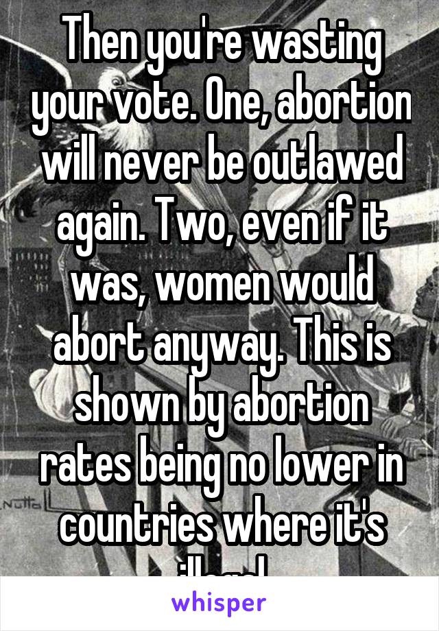 Then you're wasting your vote. One, abortion will never be outlawed again. Two, even if it was, women would abort anyway. This is shown by abortion rates being no lower in countries where it's illegal