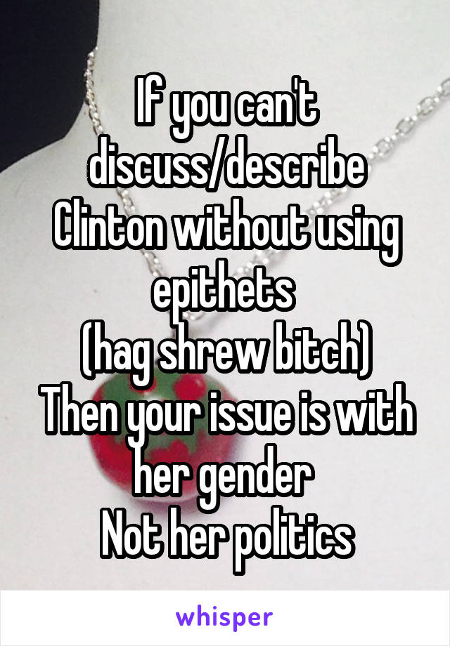 If you can't discuss/describe Clinton without using epithets 
(hag shrew bitch)
Then your issue is with her gender 
Not her politics