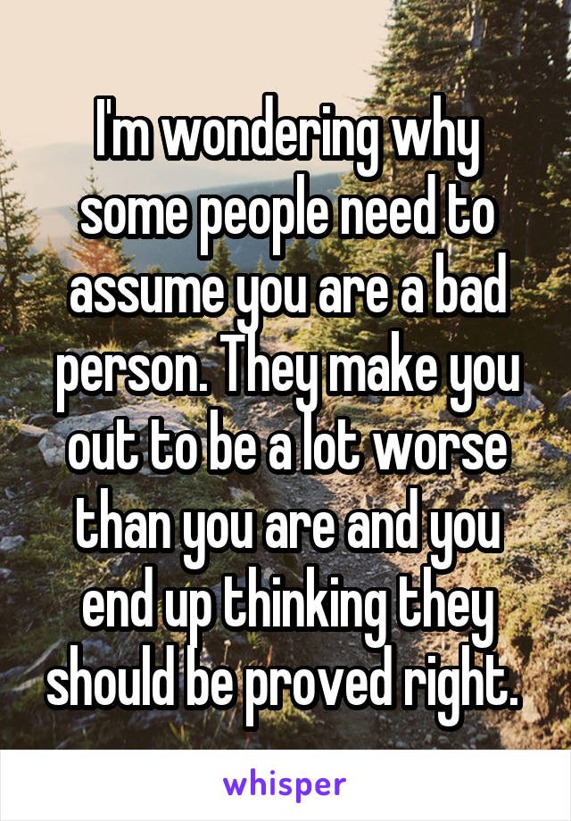 I'm wondering why some people need to assume you are a bad person. They make you out to be a lot worse than you are and you end up thinking they should be proved right. 