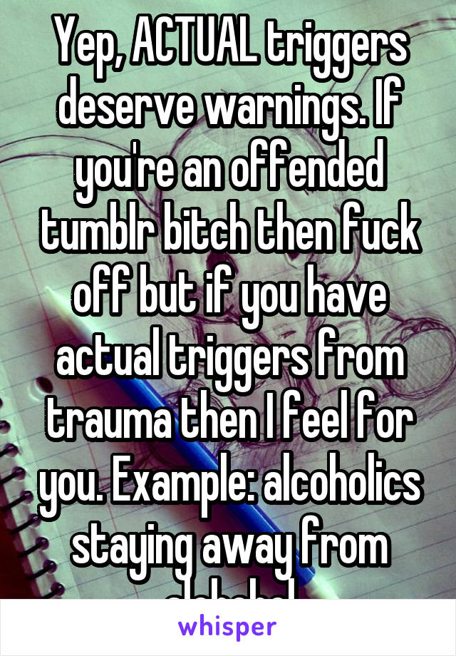 Yep, ACTUAL triggers deserve warnings. If you're an offended tumblr bitch then fuck off but if you have actual triggers from trauma then I feel for you. Example: alcoholics staying away from alchohol