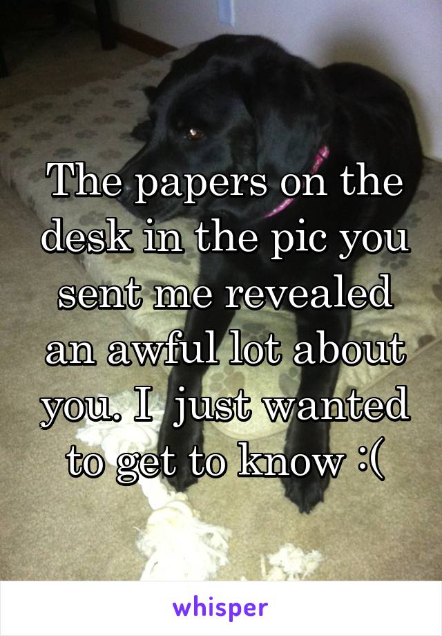 The papers on the desk in the pic you sent me revealed an awful lot about you. I  just wanted to get to know :(