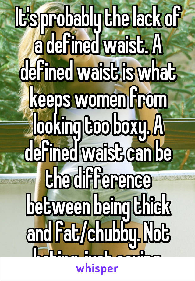 It's probably the lack of a defined waist. A defined waist is what keeps women from looking too boxy. A defined waist can be the difference between being thick and fat/chubby. Not hating, just saying.