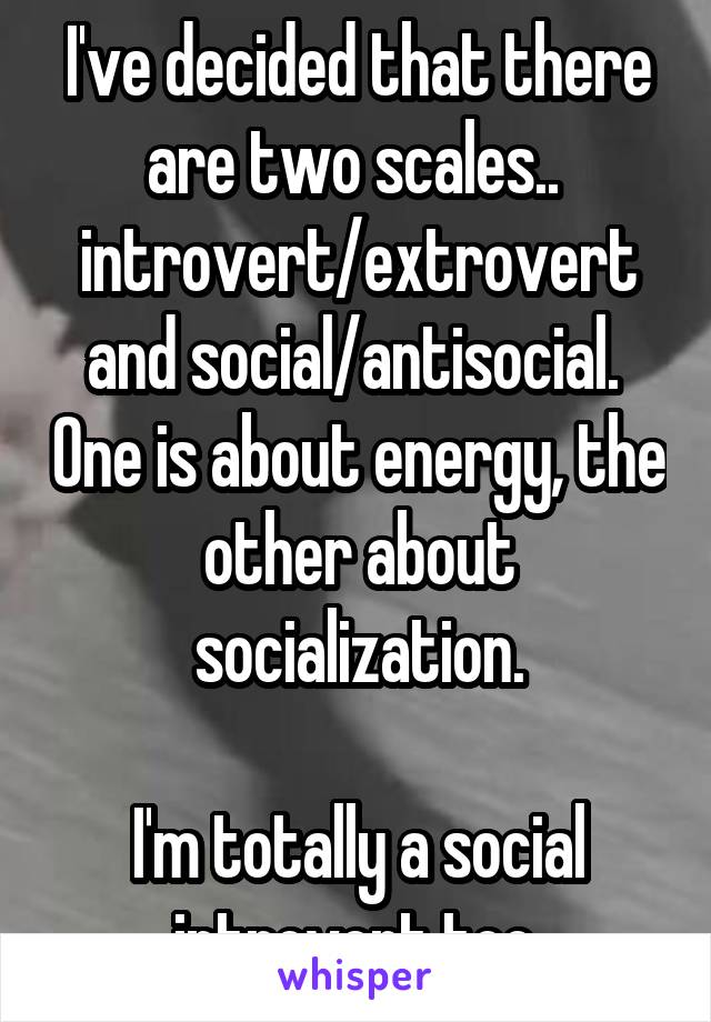 I've decided that there are two scales..  introvert/extrovert and social/antisocial.  One is about energy, the other about socialization.

I'm totally a social introvert too.