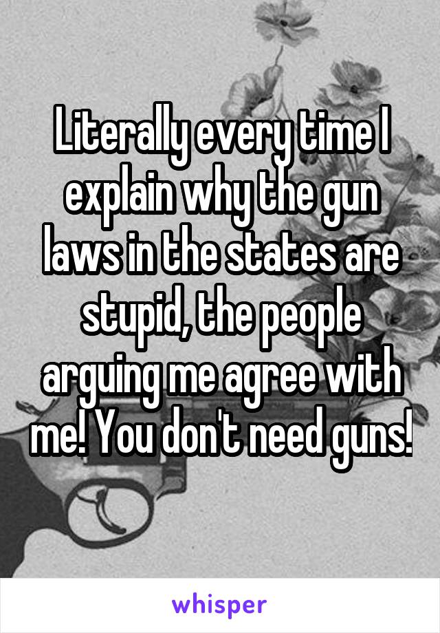 Literally every time I explain why the gun laws in the states are stupid, the people arguing me agree with me! You don't need guns! 