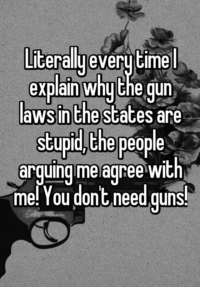 Literally every time I explain why the gun laws in the states are stupid, the people arguing me agree with me! You don't need guns! 