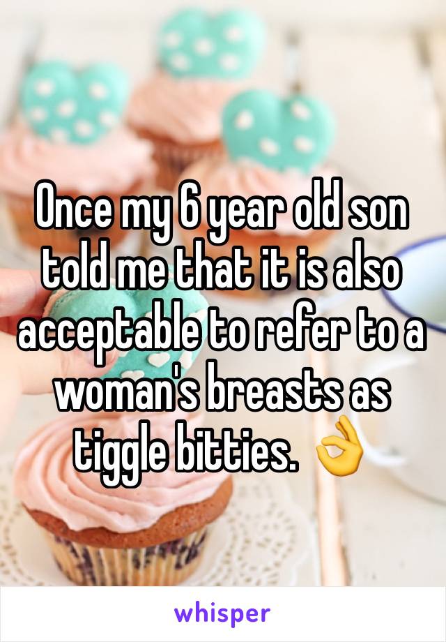 Once my 6 year old son told me that it is also acceptable to refer to a woman's breasts as tiggle bitties. 👌