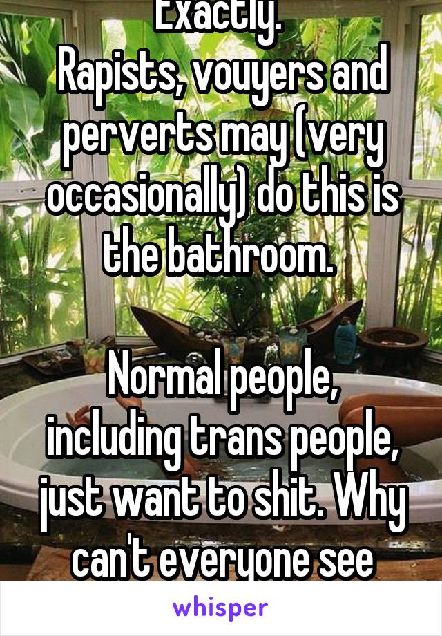 Exactly. 
Rapists, vouyers and perverts may (very occasionally) do this is the bathroom. 

Normal people, including trans people, just want to shit. Why can't everyone see that? 