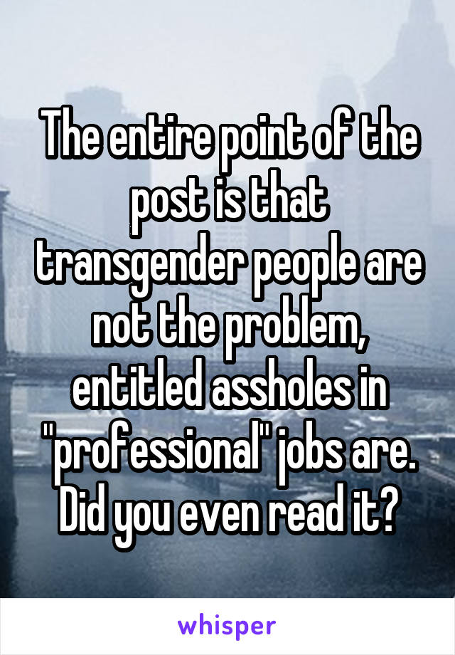 The entire point of the post is that transgender people are not the problem, entitled assholes in "professional" jobs are. Did you even read it?