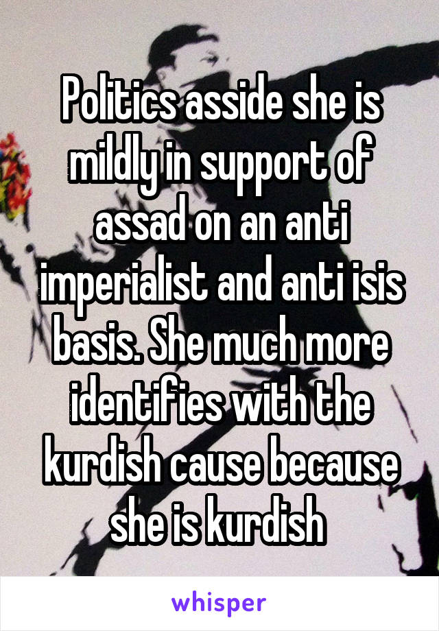 Politics asside she is mildly in support of assad on an anti imperialist and anti isis basis. She much more identifies with the kurdish cause because she is kurdish 