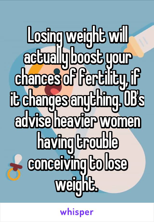 Losing weight will actually boost your chances of fertility, if it changes anything. OB's advise heavier women having trouble conceiving to lose weight. 
