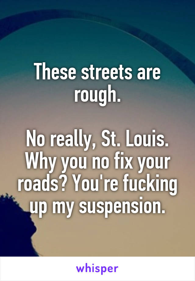 These streets are rough.

No really, St. Louis. Why you no fix your roads? You're fucking up my suspension.