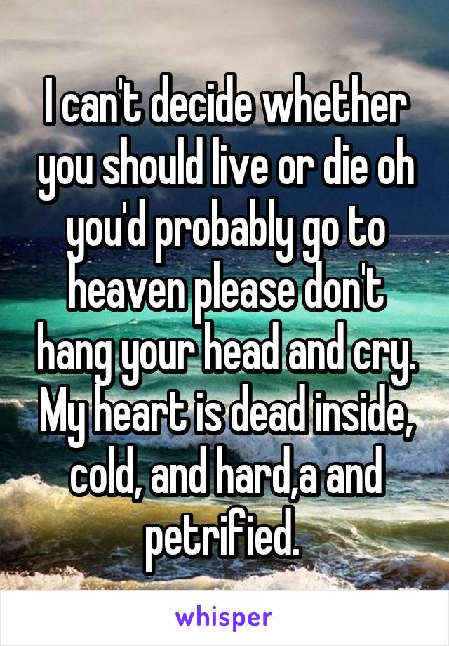 I can't decide whether you should live or die oh you'd probably go to heaven please don't hang your head and cry. My heart is dead inside, cold, and hard,a and petrified. 