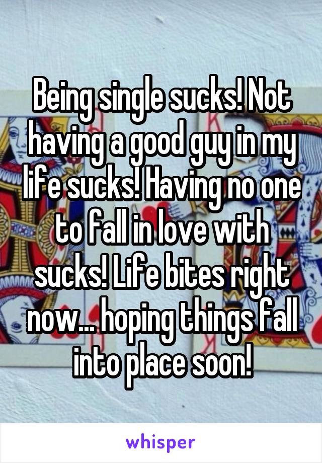 Being single sucks! Not having a good guy in my life sucks! Having no one to fall in love with sucks! Life bites right now... hoping things fall into place soon!