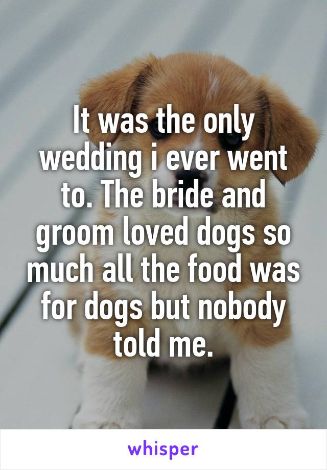 It was the only wedding i ever went to. The bride and groom loved dogs so much all the food was for dogs but nobody told me.