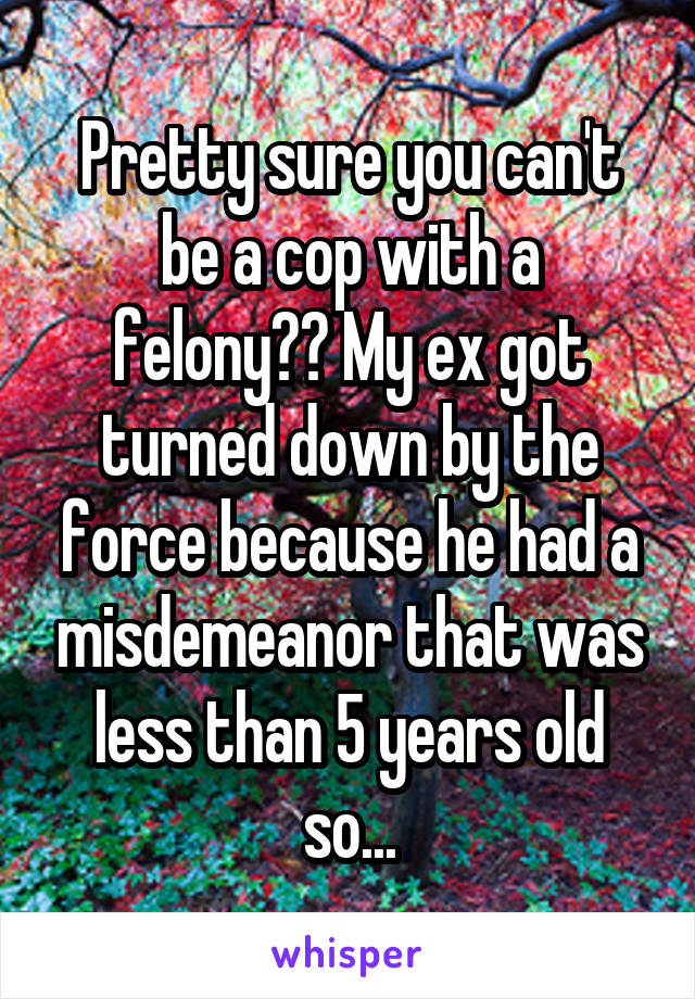 Pretty sure you can't be a cop with a felony?? My ex got turned down by the force because he had a misdemeanor that was less than 5 years old so...